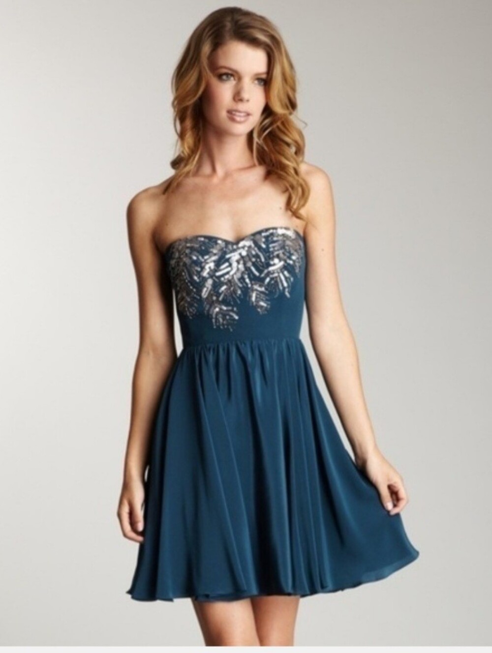 Rebecca Taylor Teal Strapless Dress with Sequin Bodice